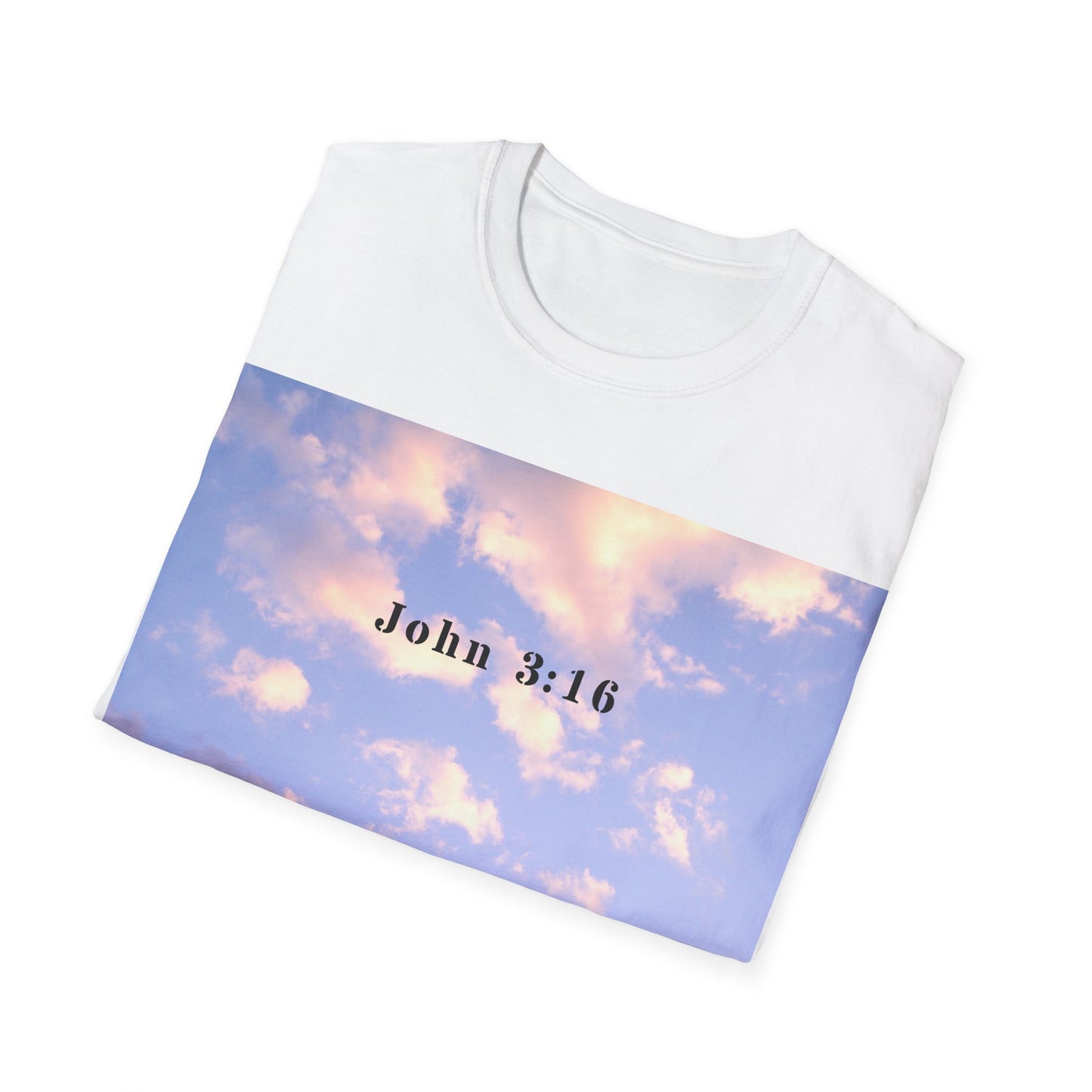 John 3:16 Sky T-Shirt — Christian Inspirational Tee with Pastel Cloud Design