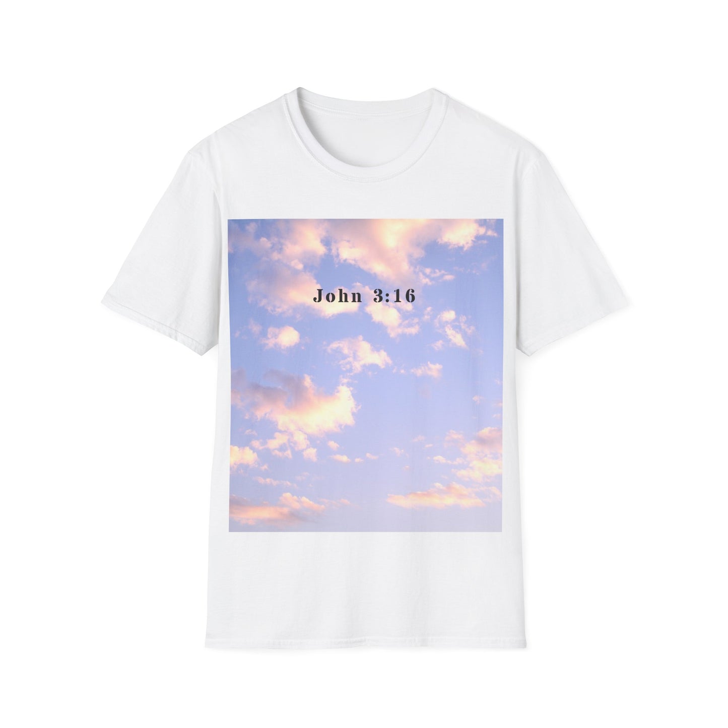John 3:16 Sky T-Shirt — Christian Inspirational Tee with Pastel Cloud Design